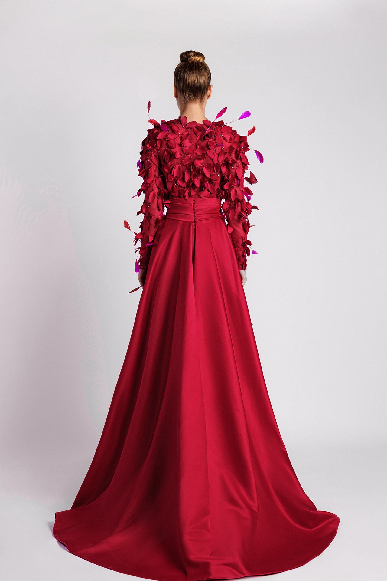 Embroidered Evening Dress with Waist Belt and Flowing Overskirt