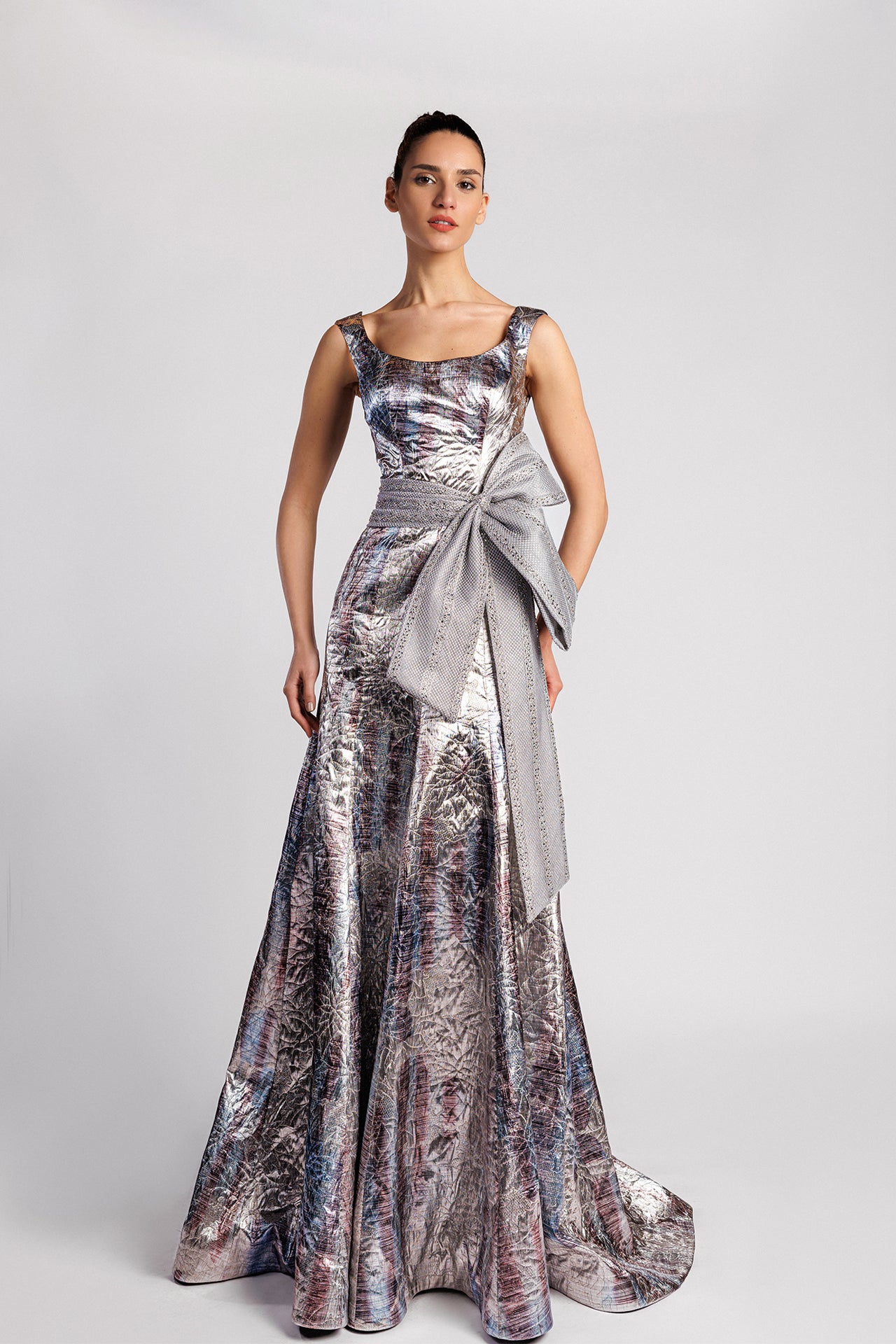 A-Line Evening Dress with Embroidered Waist and Bow