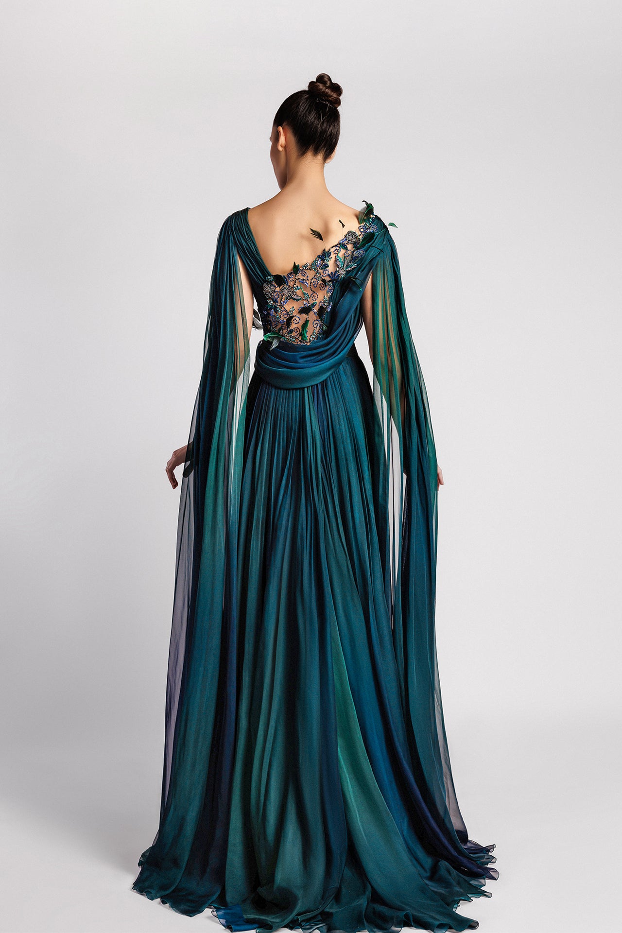 Asymmetric A-Line Dress with Cape Sleeves and Embroidered Tulle Back