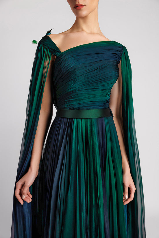 Asymmetric A-Line Dress with Cape Sleeves and Embroidered Tulle Back