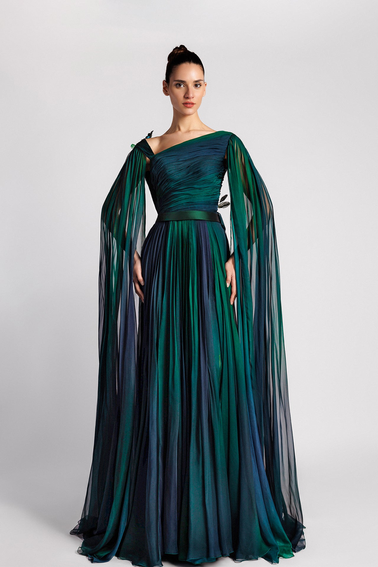 Asymmetric A-Line Dress with Cape Sleeves and Embroidered Tulle Back