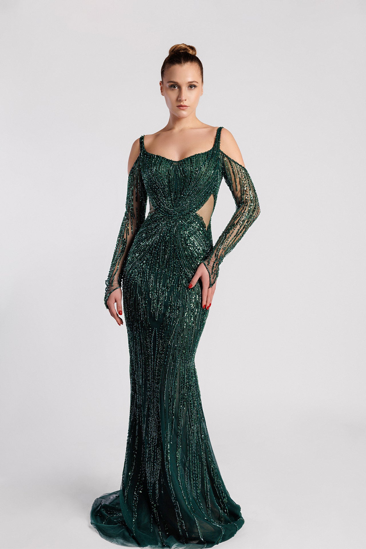 Embroidered Mermaid Dress with Sweetheart Neckline and Cold Shoulders