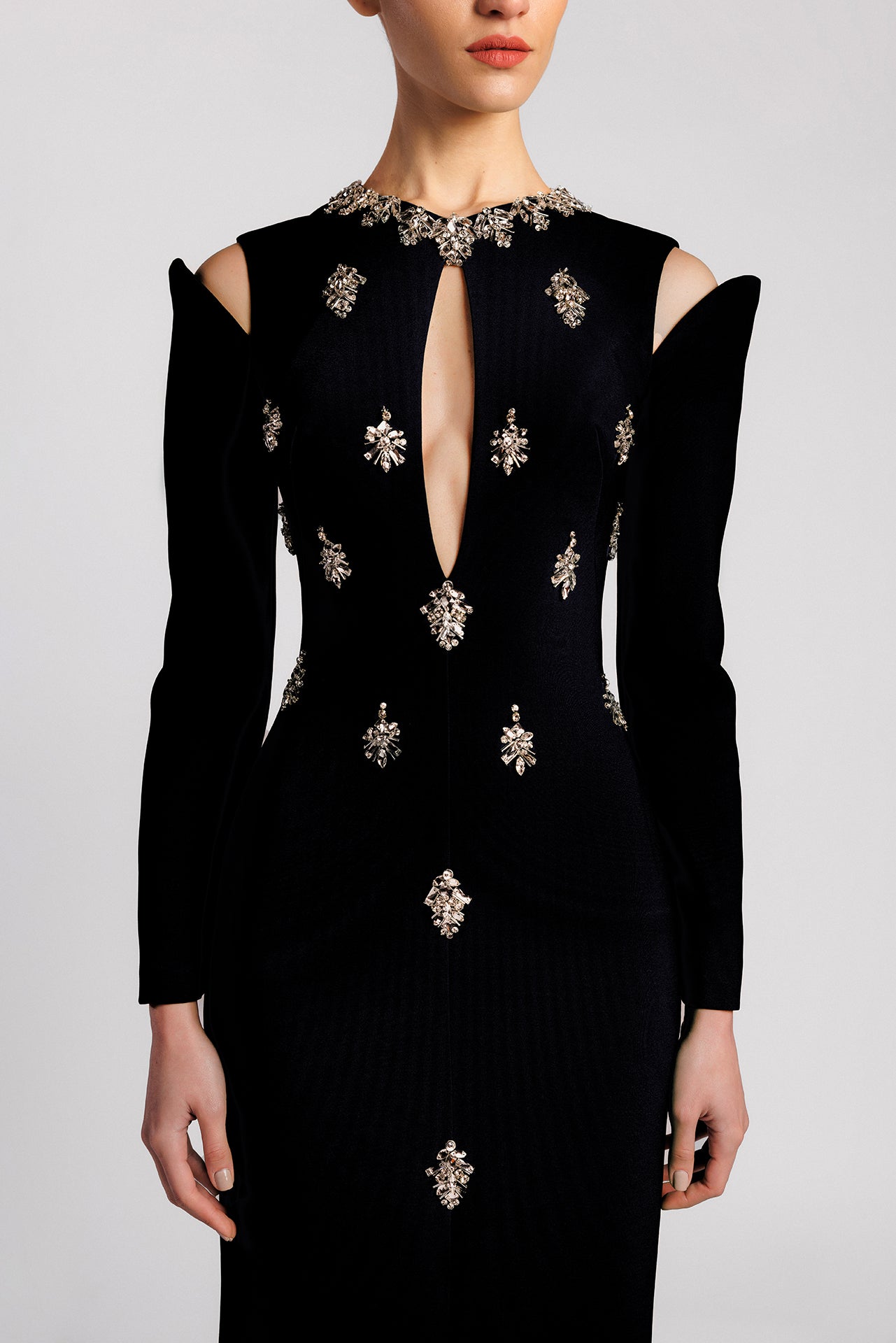 Black mermaid Dress with Crystal Embroidery and Chest Slit