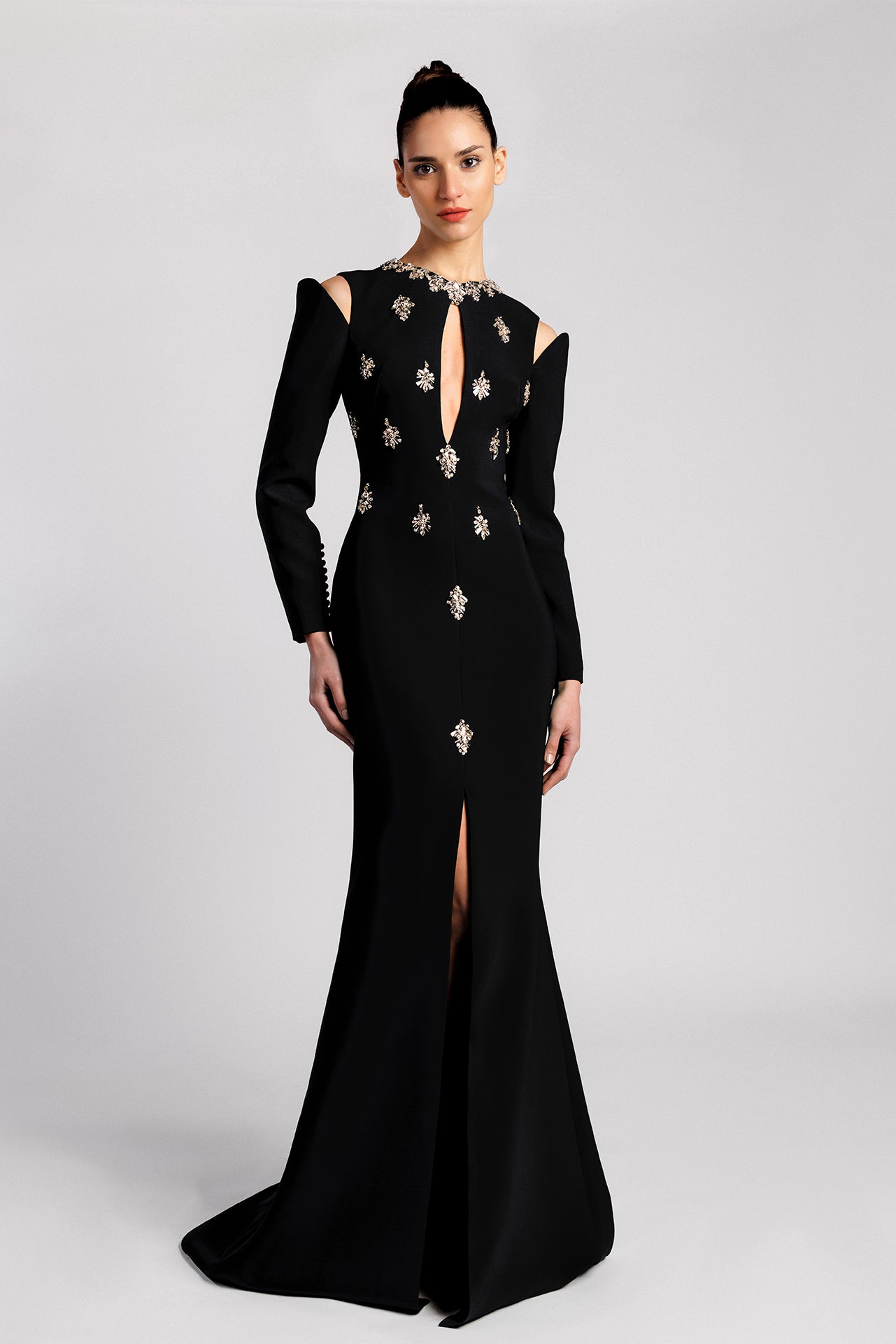 Black mermaid Dress with Crystal Embroidery and Chest Slit