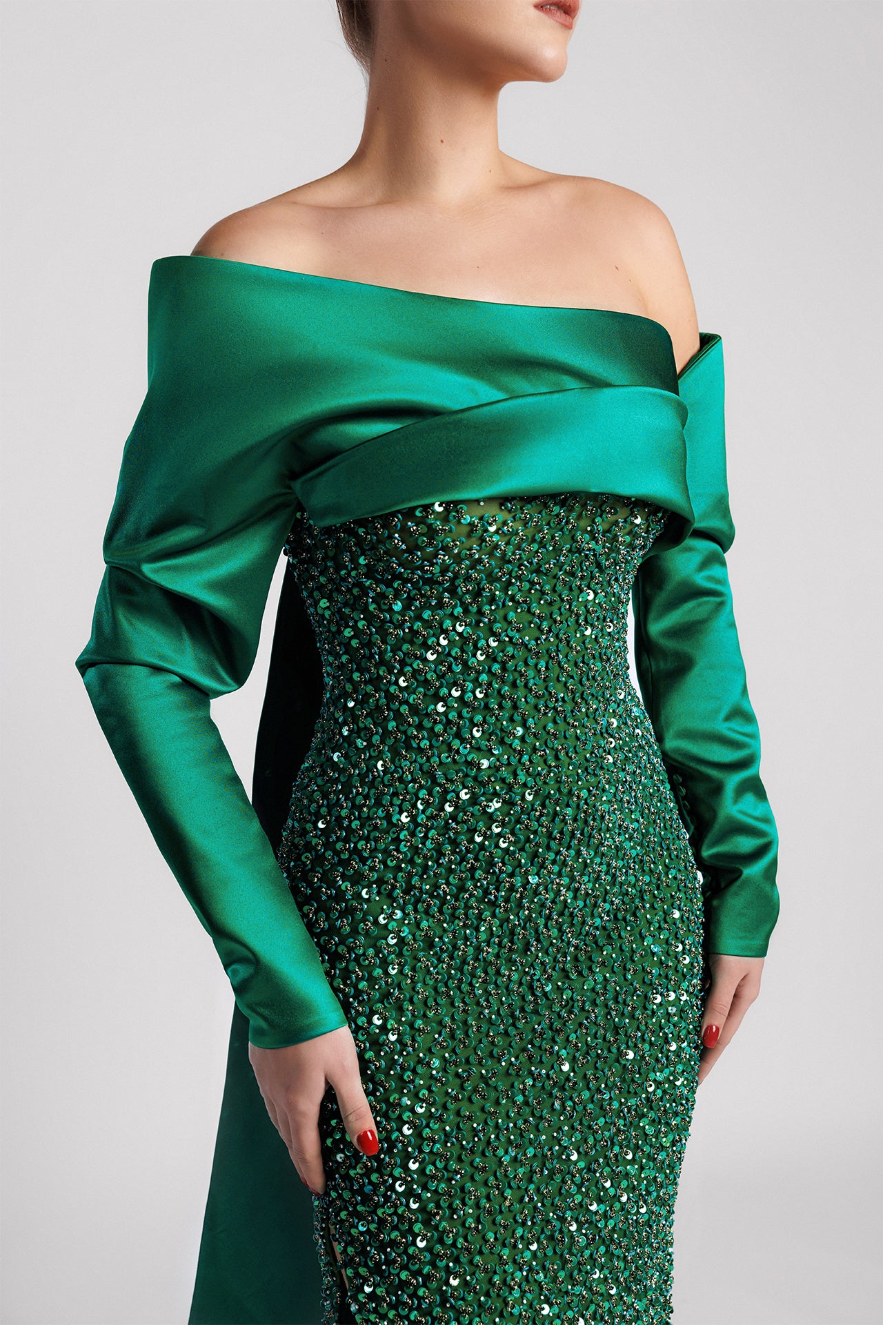 Sequin-Embroidered Column Evening Dress with Asymmetric Neckline