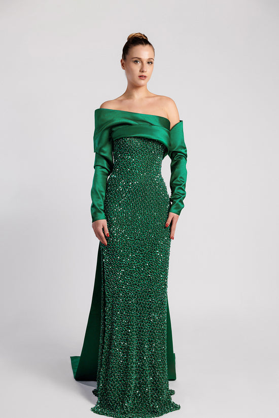 Sequin-Embroidered Column Evening Dress with Asymmetric Neckline