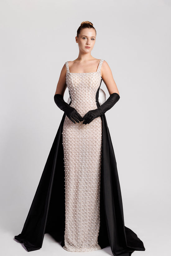 Pearl-Embroidered Column Evening Dress with Overskirt and Gloves