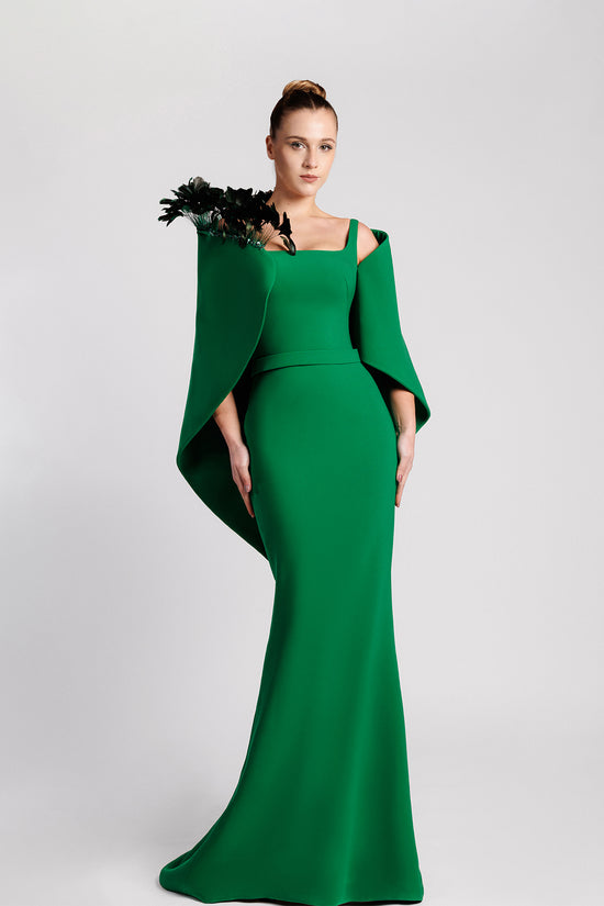 Feathered Cape Mermaid Evening Dress