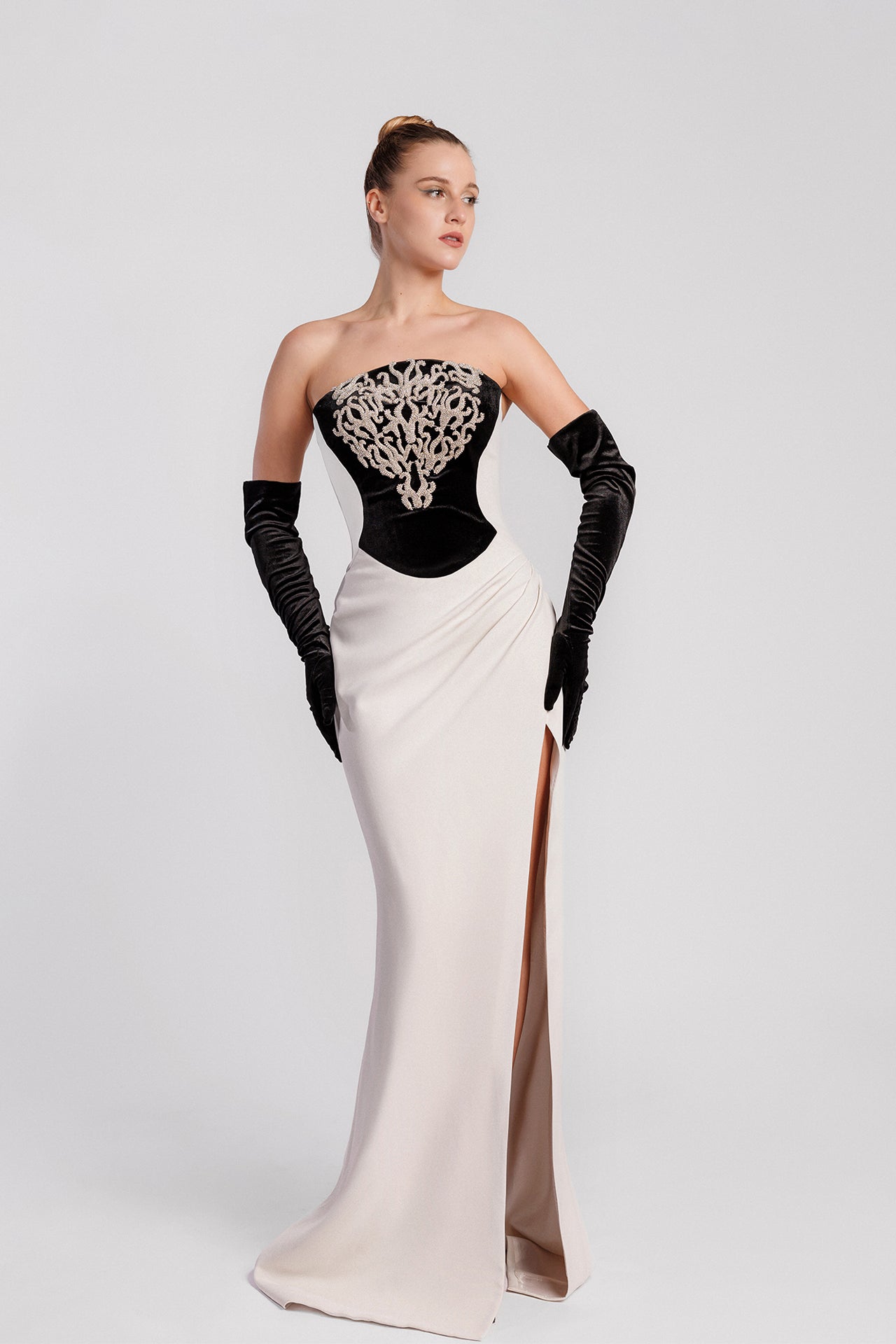 Strapless Mermaid Evening Dress with Swarovski Crystal Embroidery and Side Slit