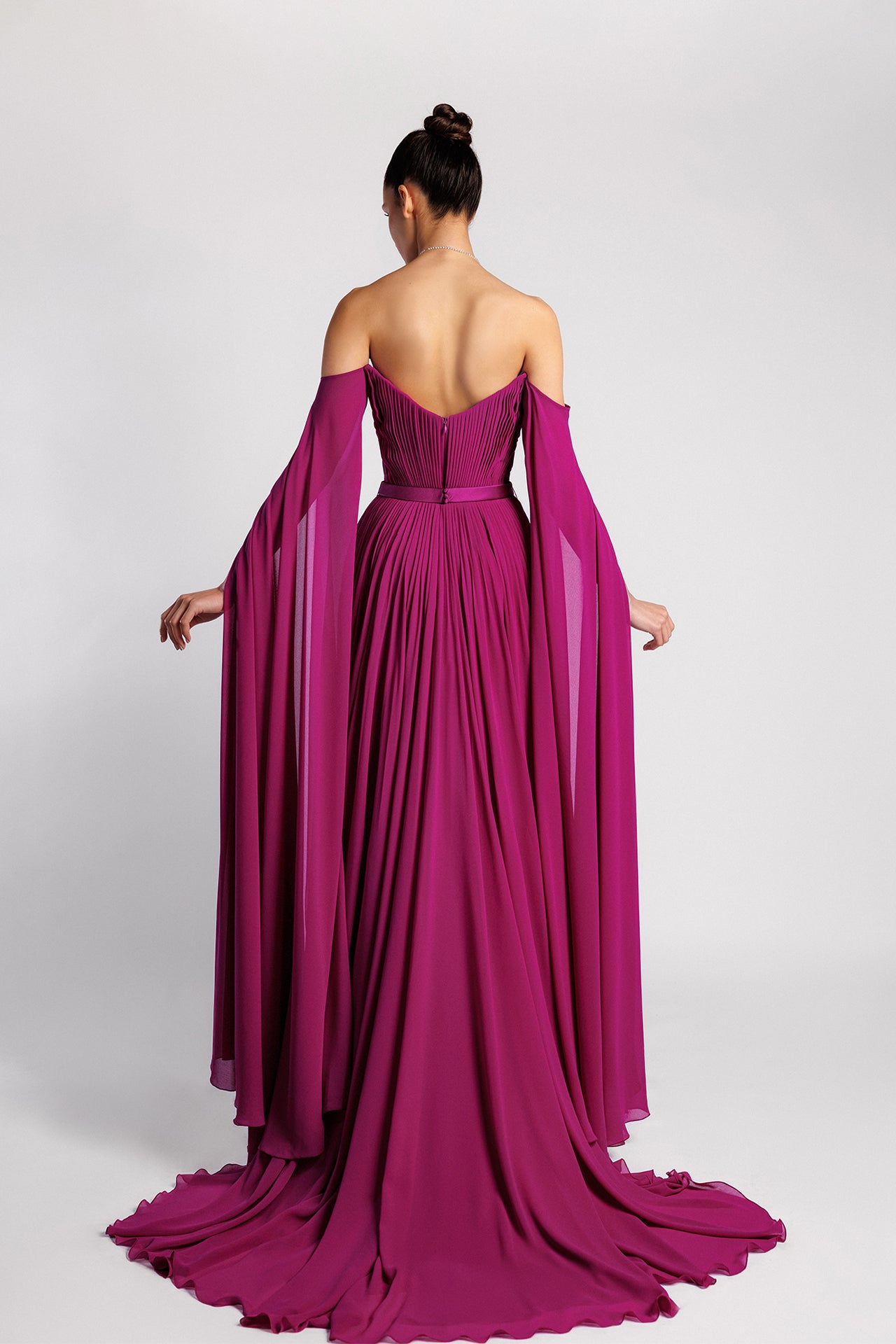 Swarovski-Embellished Halter Evening Dress with Pleated Cape Sleeves