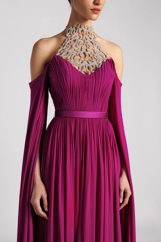 Swarovski-Embellished Halter Evening Dress with Pleated Cape Sleeves