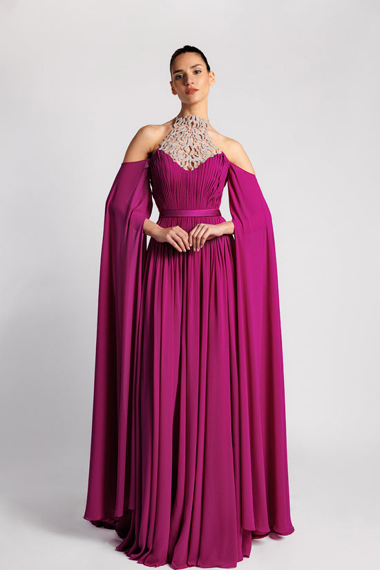 Swarovski-Embellished Halter Evening Dress with Pleated Cape Sleeves