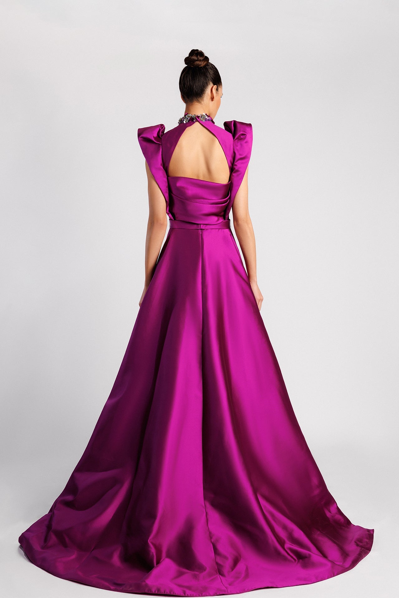 Plunging V-Neck Evening Dress with Ruffled Sleeves and Overskirt