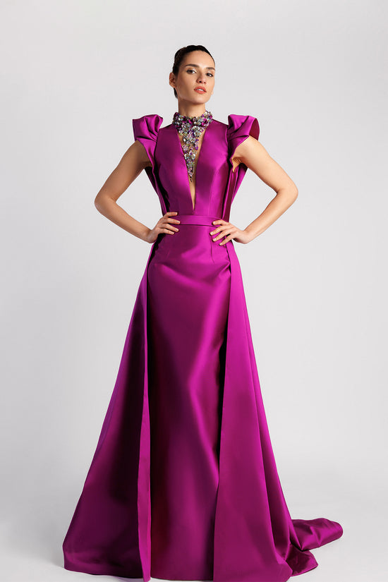 Plunging V-Neck Evening Dress with Ruffled Sleeves and Overskirt