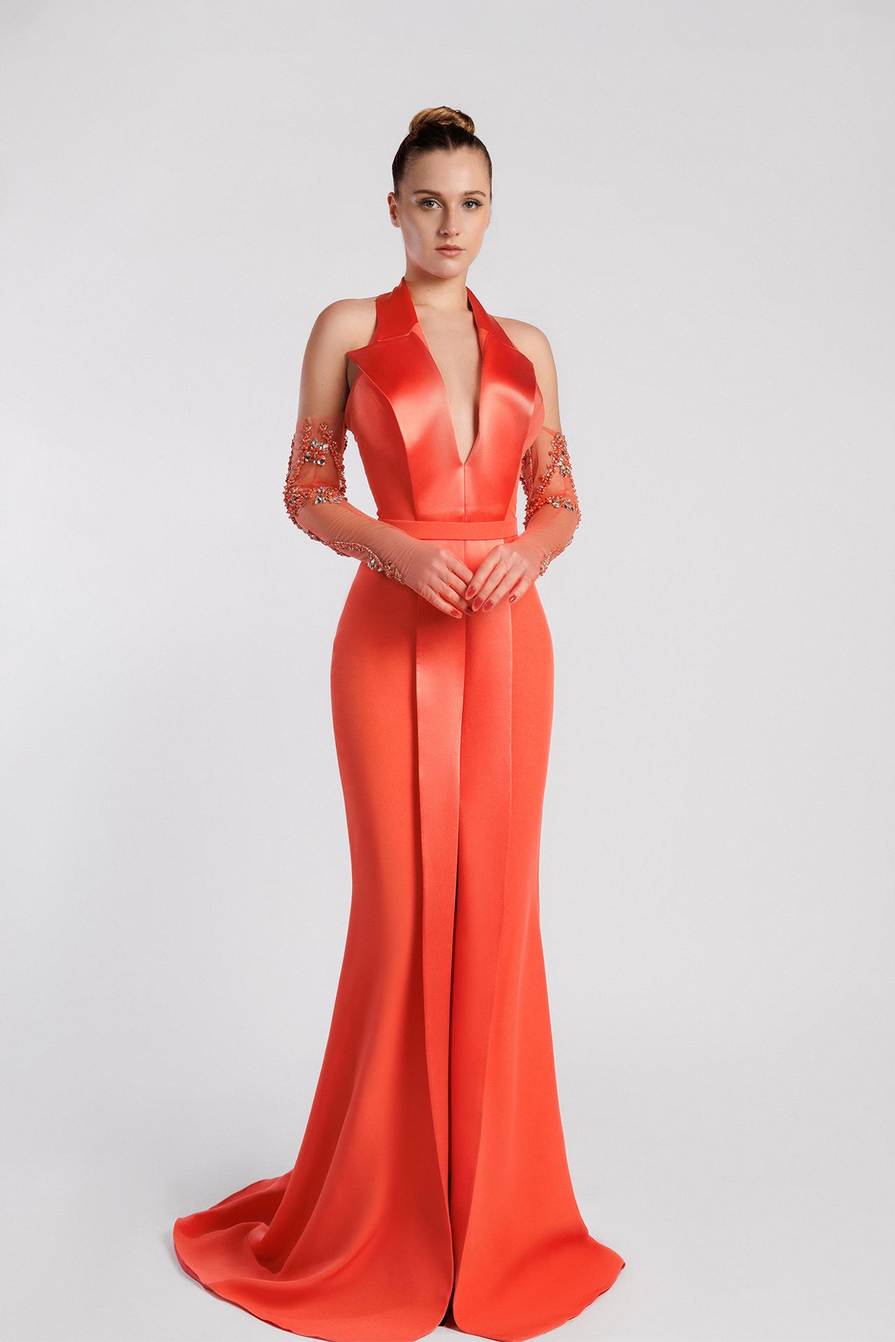 Halter Neck Mermaid Evening Dress with Plunging V Neckline and Gloves