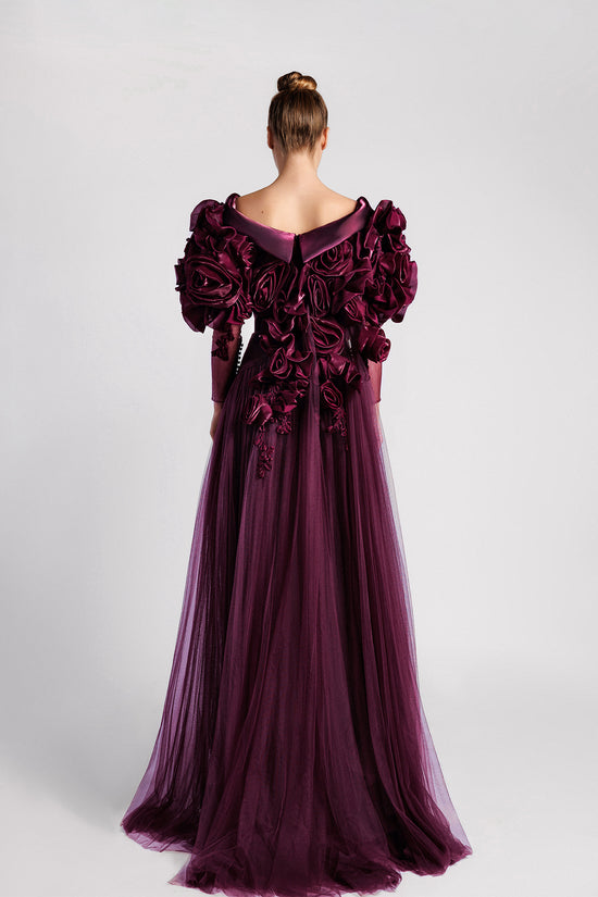 A-Line Evening Dress with Flower Sleeves and Pleated Skirt