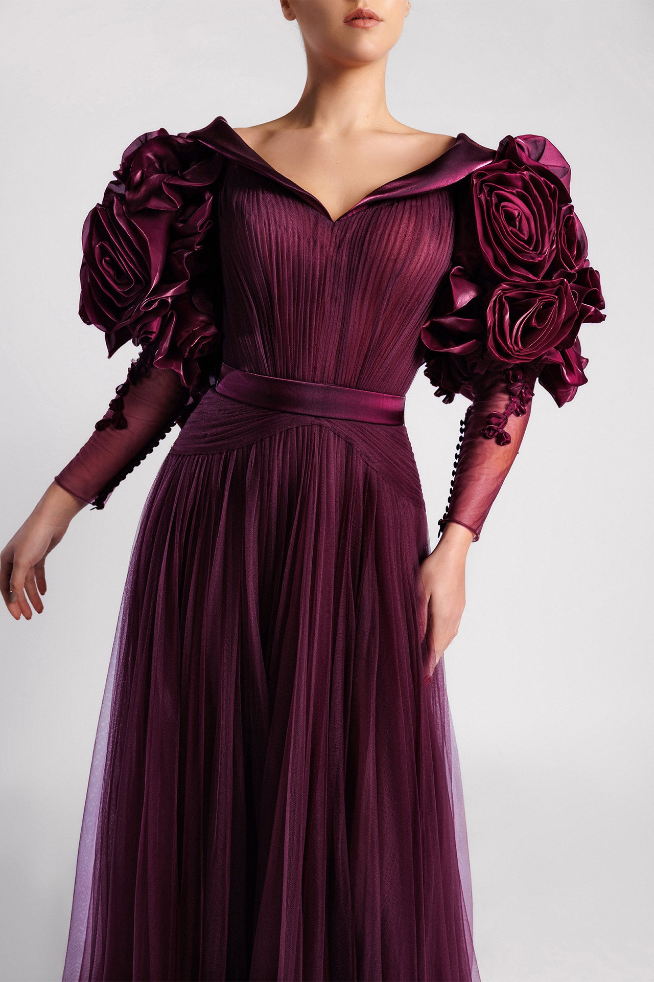 A-Line Evening Dress with Flower Sleeves and Pleated Skirt