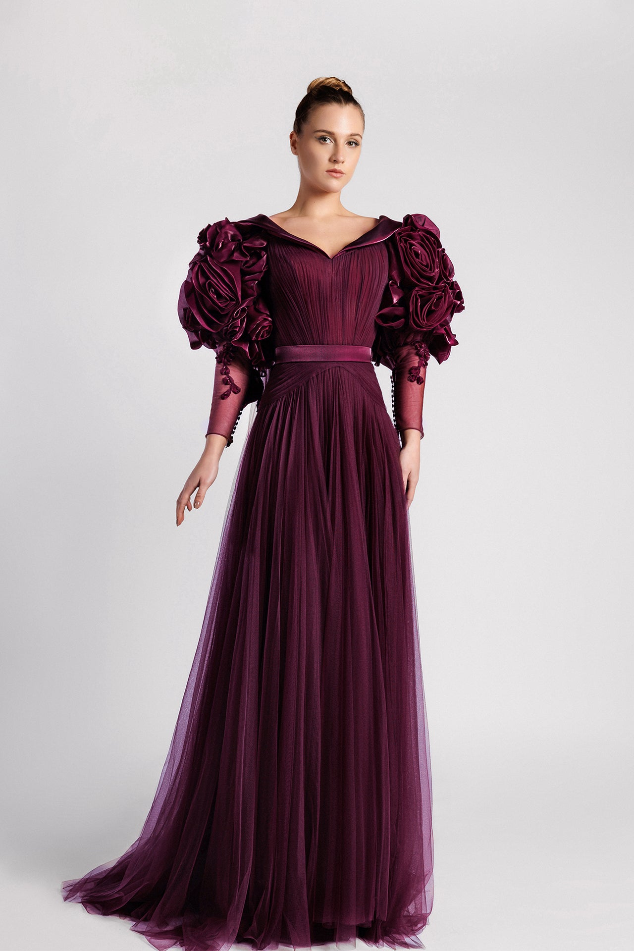 A-Line Evening Dress with Flower Sleeves and Pleated Skirt