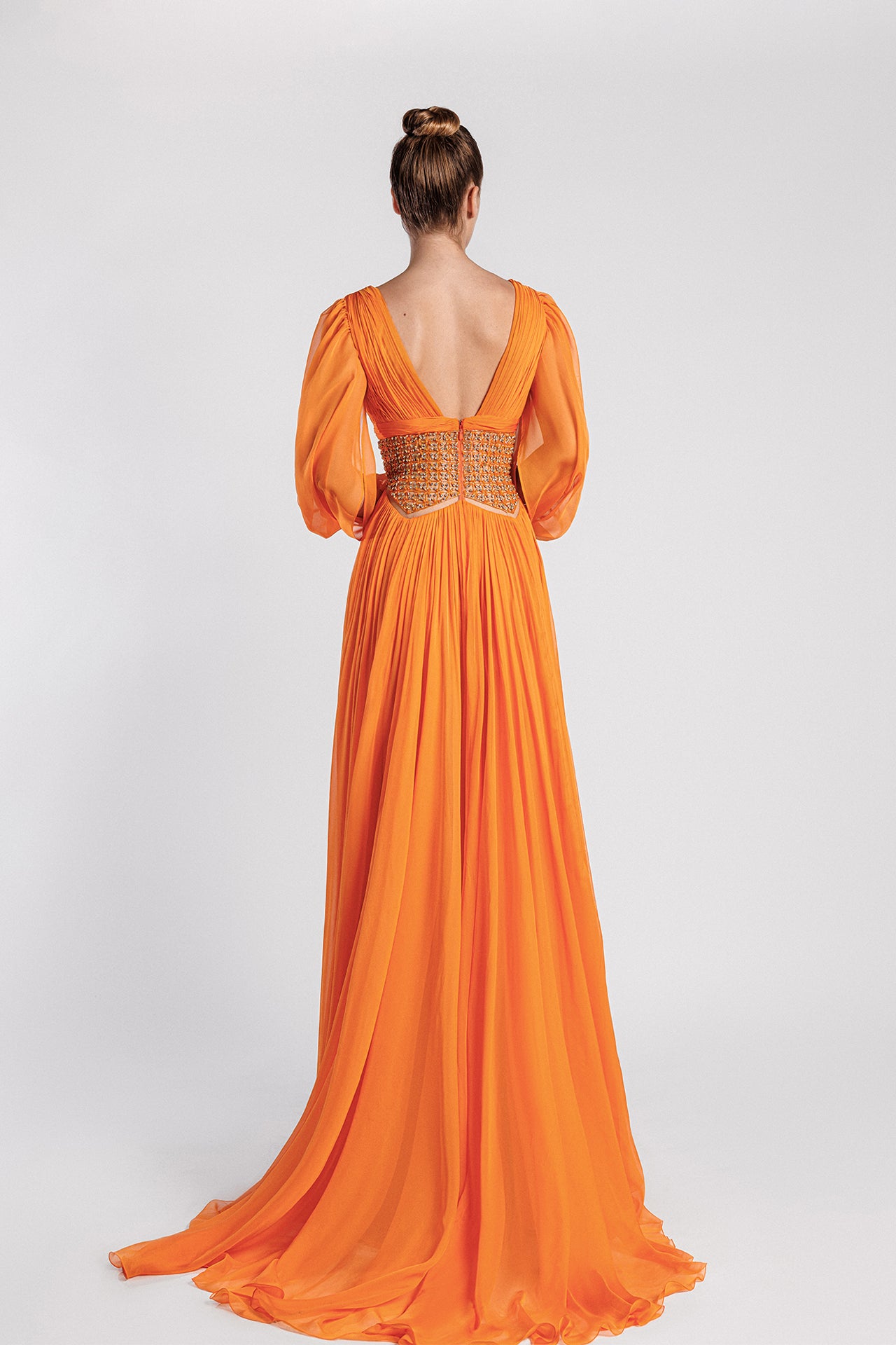 V-Neck Flared Evening Dress with Bishop Sleeves and Open Back