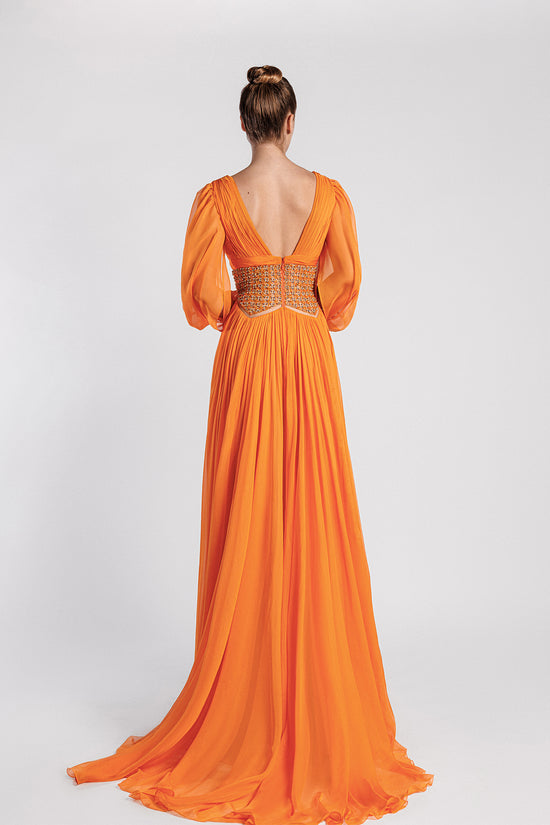 V-Neck Flared Evening Dress with Bishop Sleeves and Open Back