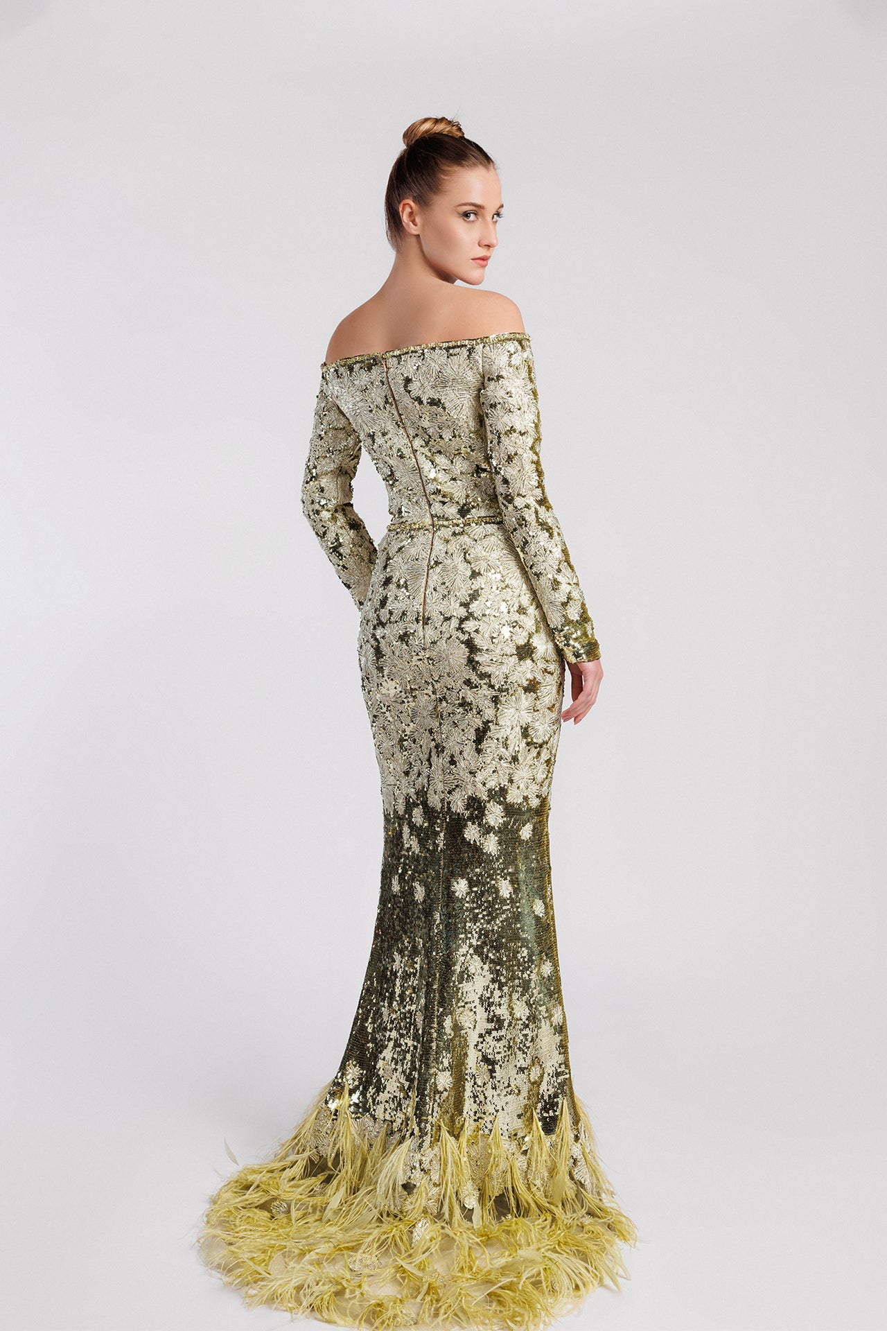 Embroidered Mermaid Evening Dress with Feathered Hem