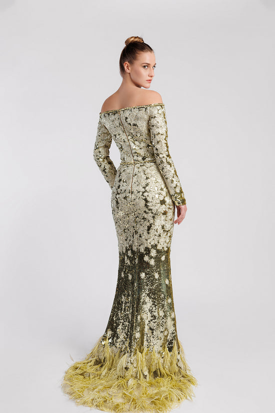 Embroidered Mermaid Evening Dress with Feathered Hem