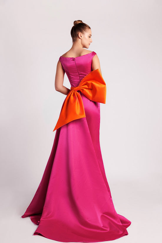 Off-the-Shoulder Evening Dress with Waist Bow and Front Slit