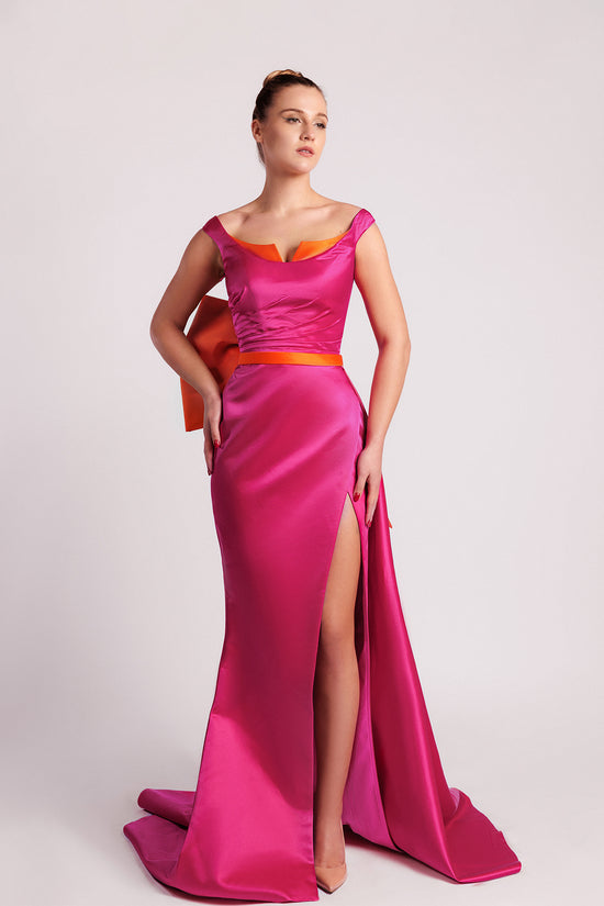 Off-the-Shoulder Evening Dress with Waist Bow and Front Slit