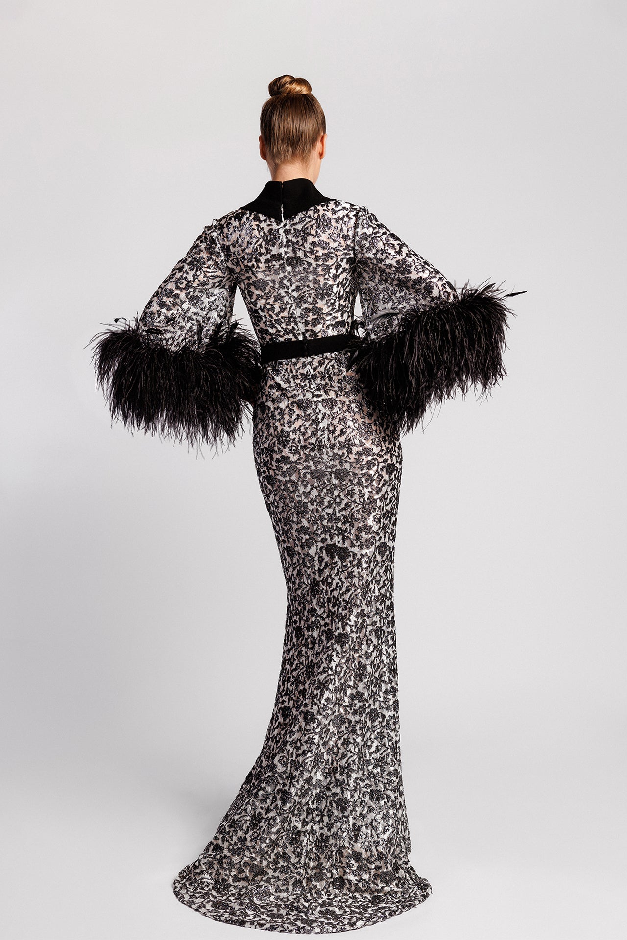 Patterned Evening Dress with Feather Sleeves