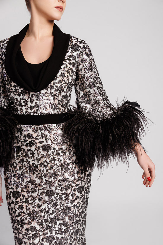 Patterned Evening Dress with Feather Sleeves