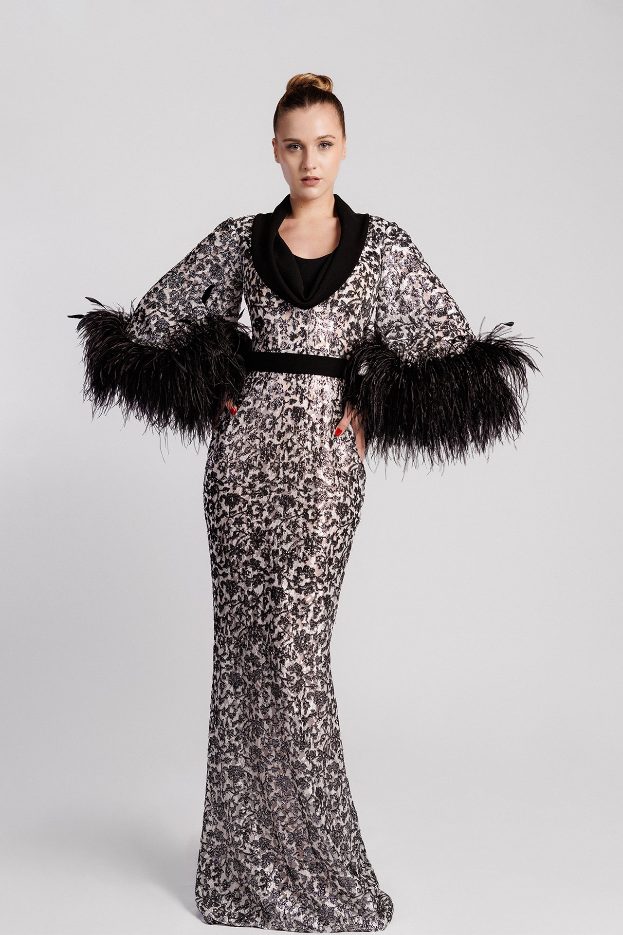 Patterned Evening Dress with Feather Sleeves