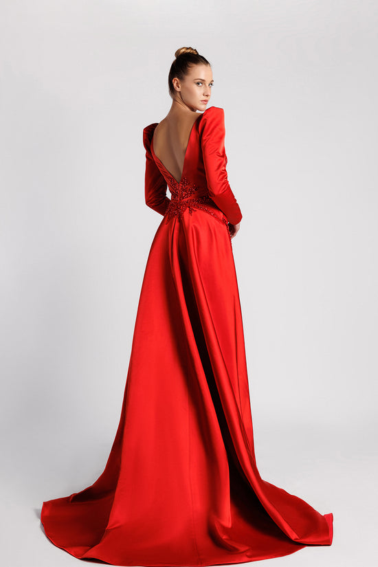 Long-Sleeve Evening Gown with Sequins Beading