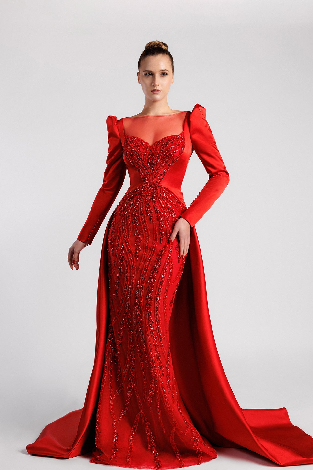 Long-Sleeve Evening Gown with Sequins Beading