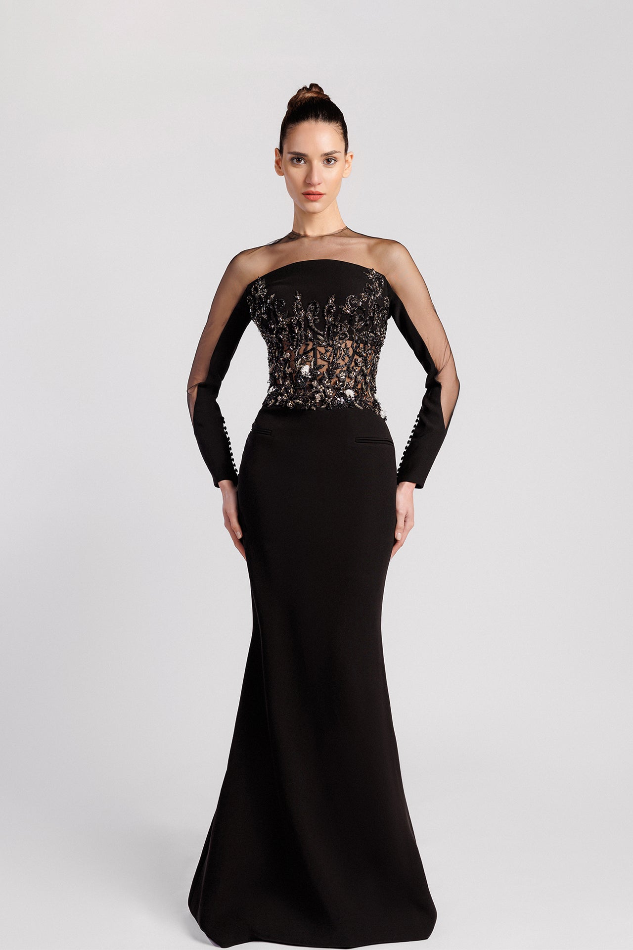 Mermaid Evening Dress with Illusion Neckline and Embroidered Bodice