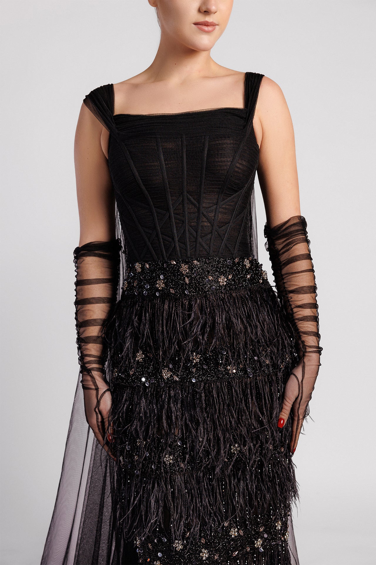 Sleeveless Evening Dress with Embroidered Corset Bodice