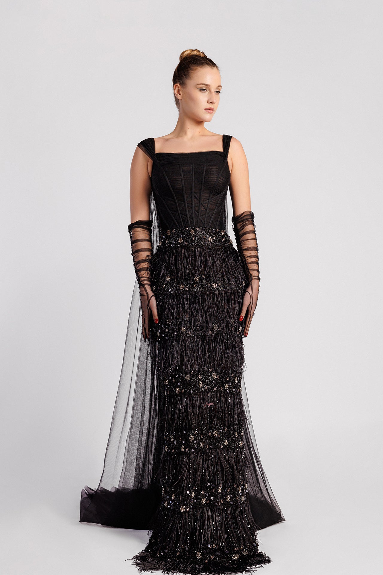 Sleeveless Evening Dress with Embroidered Corset Bodice