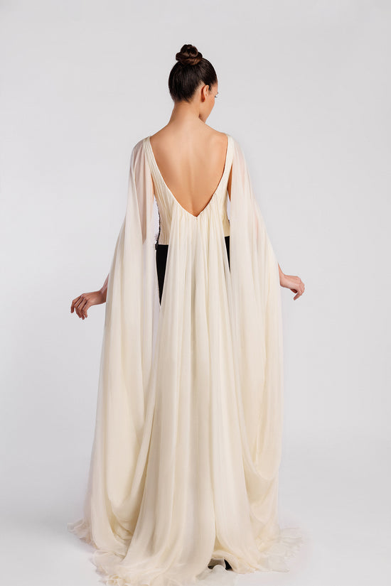 Cape Evening Dress with Contrast Bodice