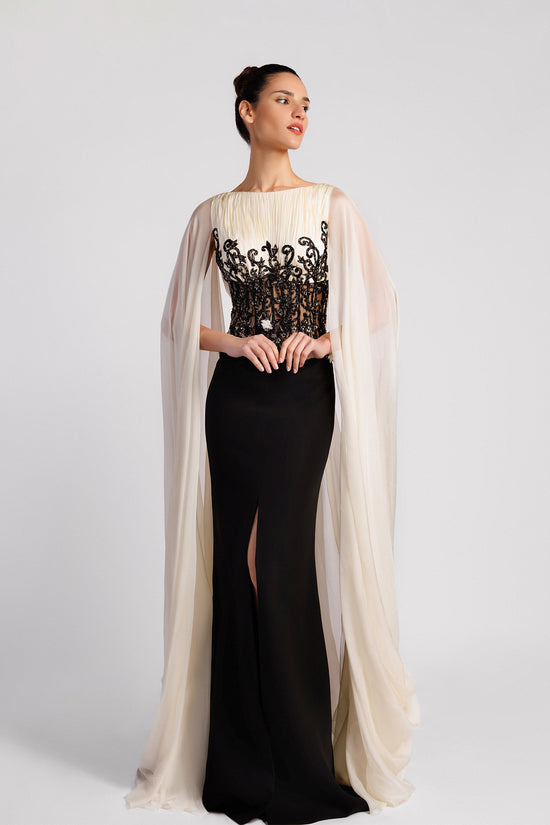 Cape Evening Dress with Contrast Bodice