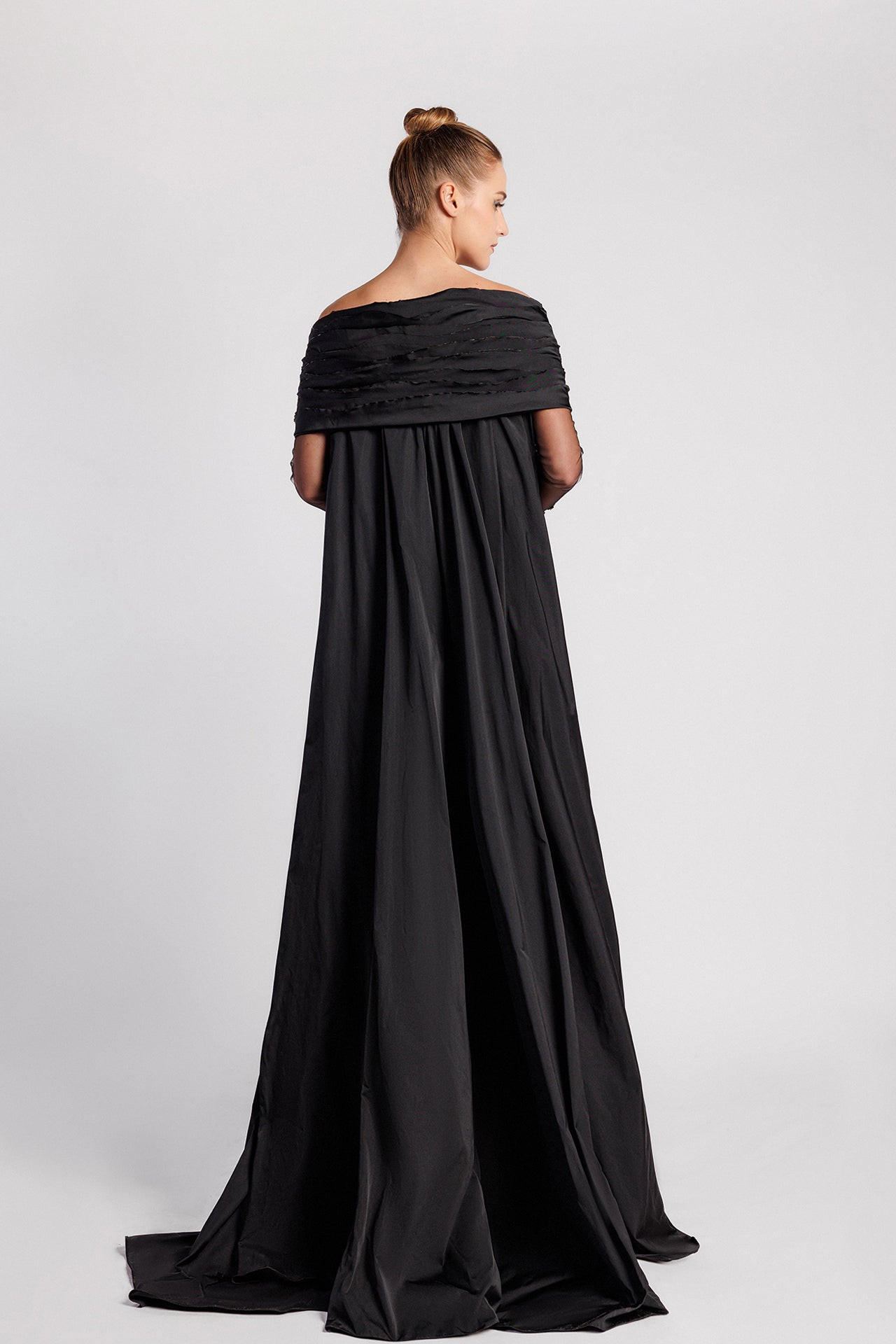 Off-the-Shoulder Evening Dress with  Sequin-Embroidered Sleeves