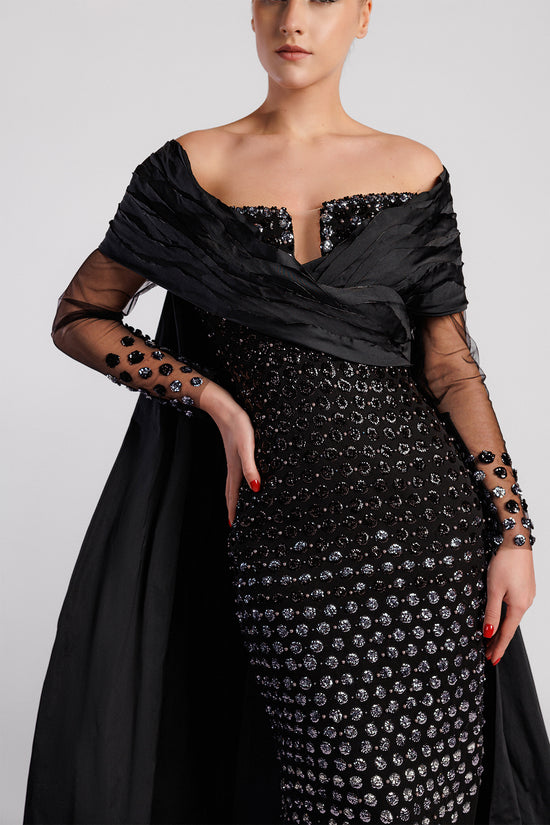 Off-the-Shoulder Evening Dress with  Sequin-Embroidered Sleeves