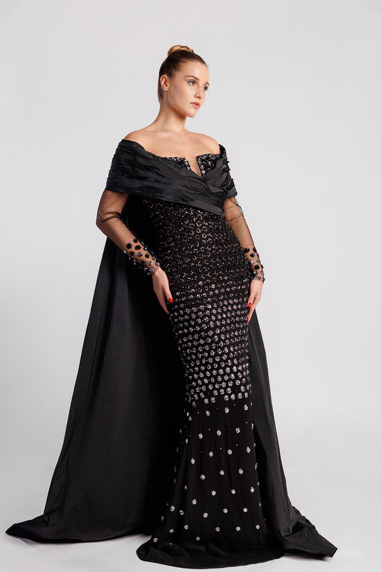 Off-the-Shoulder Evening Dress with  Sequin-Embroidered Sleeves