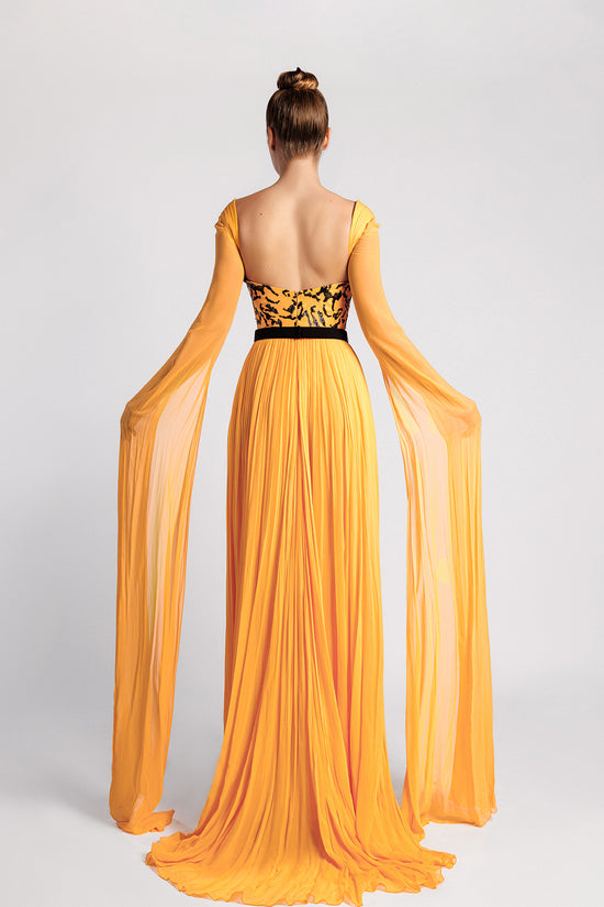 A-Line Evening Dress with Beaded Bodice and Cape Sleeves