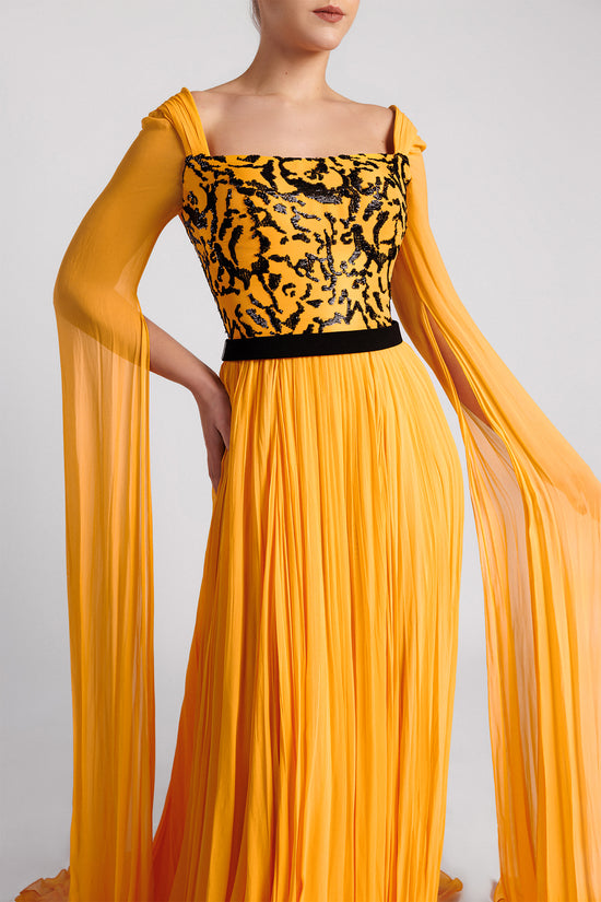 A-Line Evening Dress with Beaded Bodice and Cape Sleeves