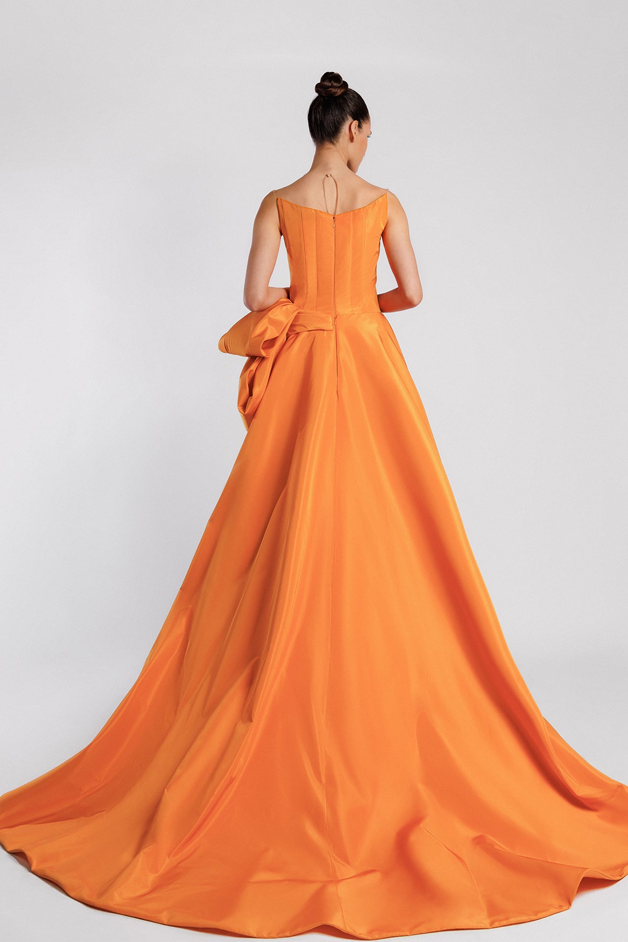 Embroidered Strapless Evening Dress with Pleated Waist and Overskirt Train