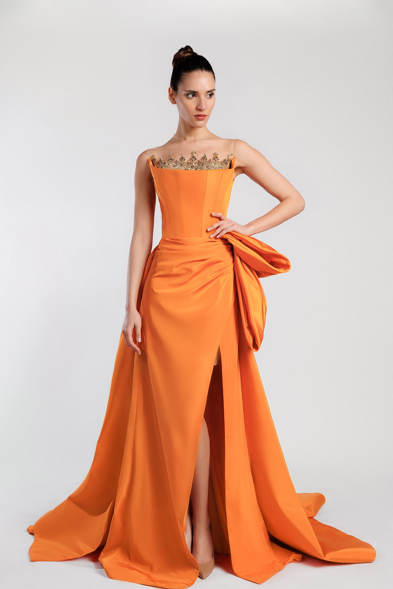 Embroidered Strapless Evening Dress with Pleated Waist and Overskirt Train