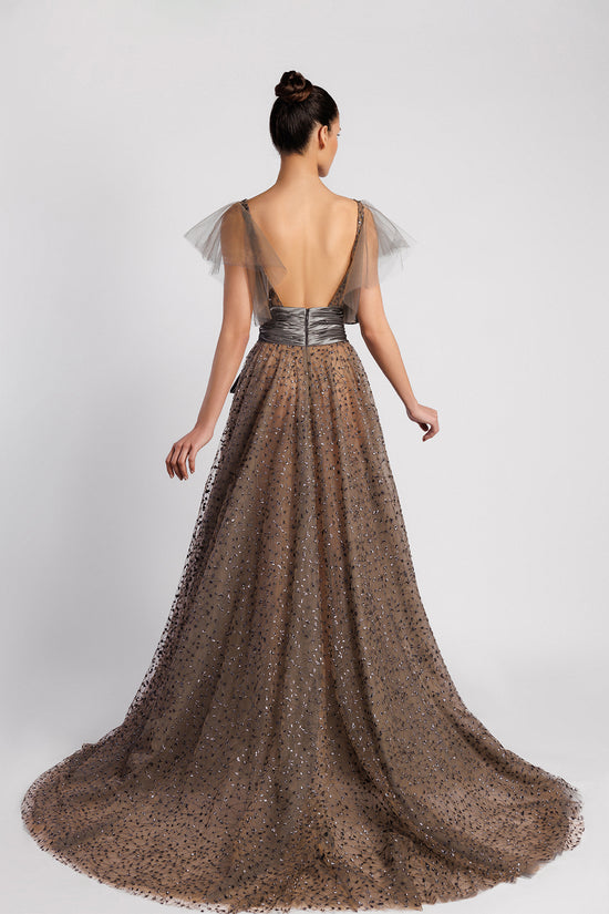 A-Line Evening Dress with Embroidered Bodice and Bow