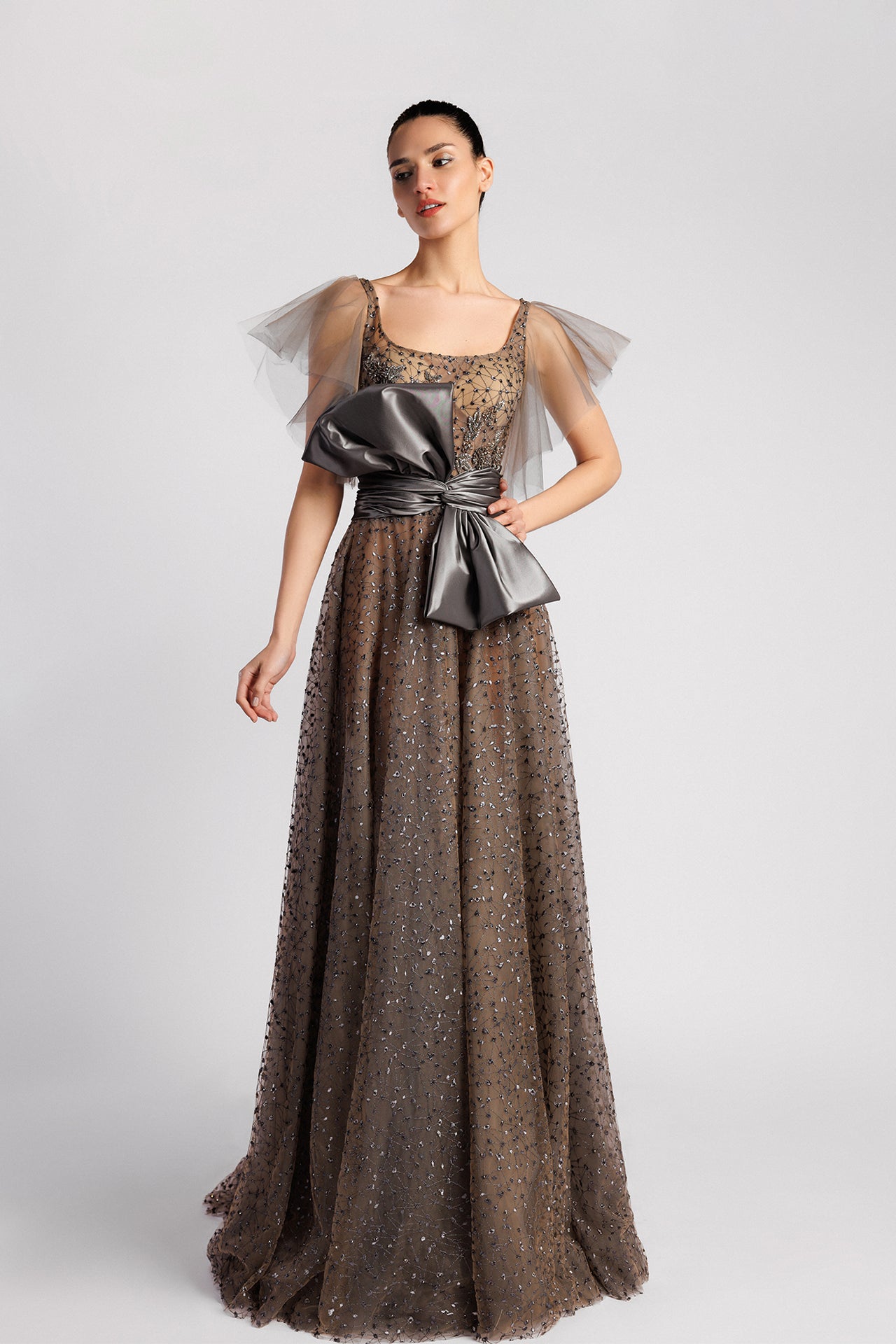 A-Line Evening Dress with Embroidered Bodice and Bow