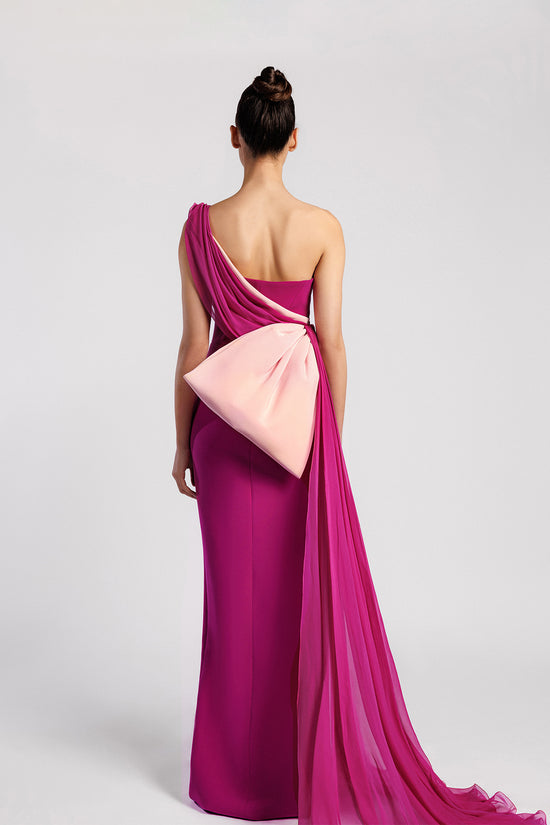 One-Shoulder Evening Dress with Side Train and Bow Accent