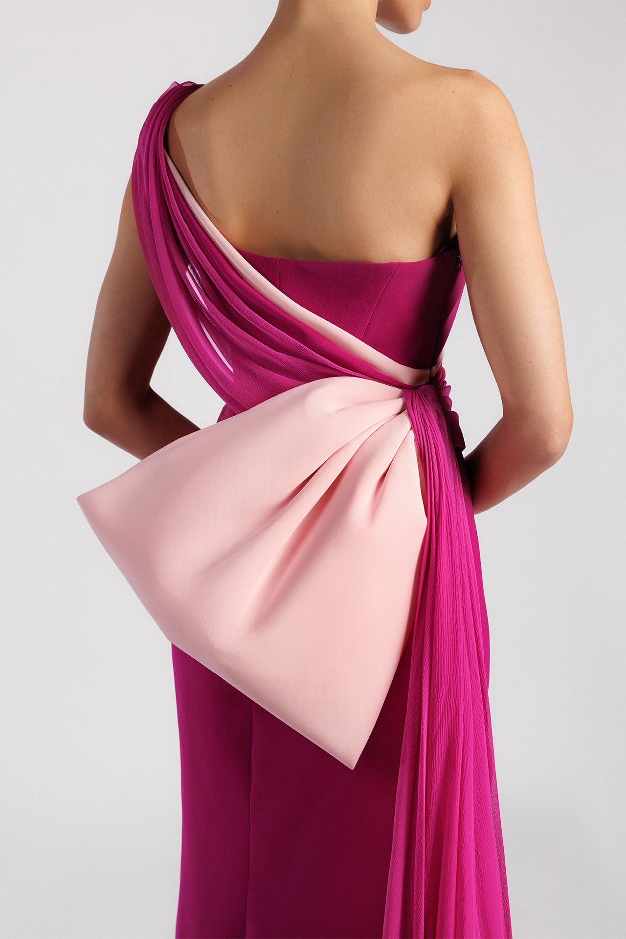 One-Shoulder Evening Dress with Side Train and Bow Accent