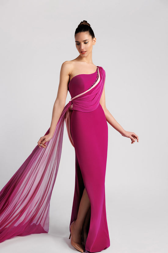 One-Shoulder Evening Dress with Side Train and Bow Accent